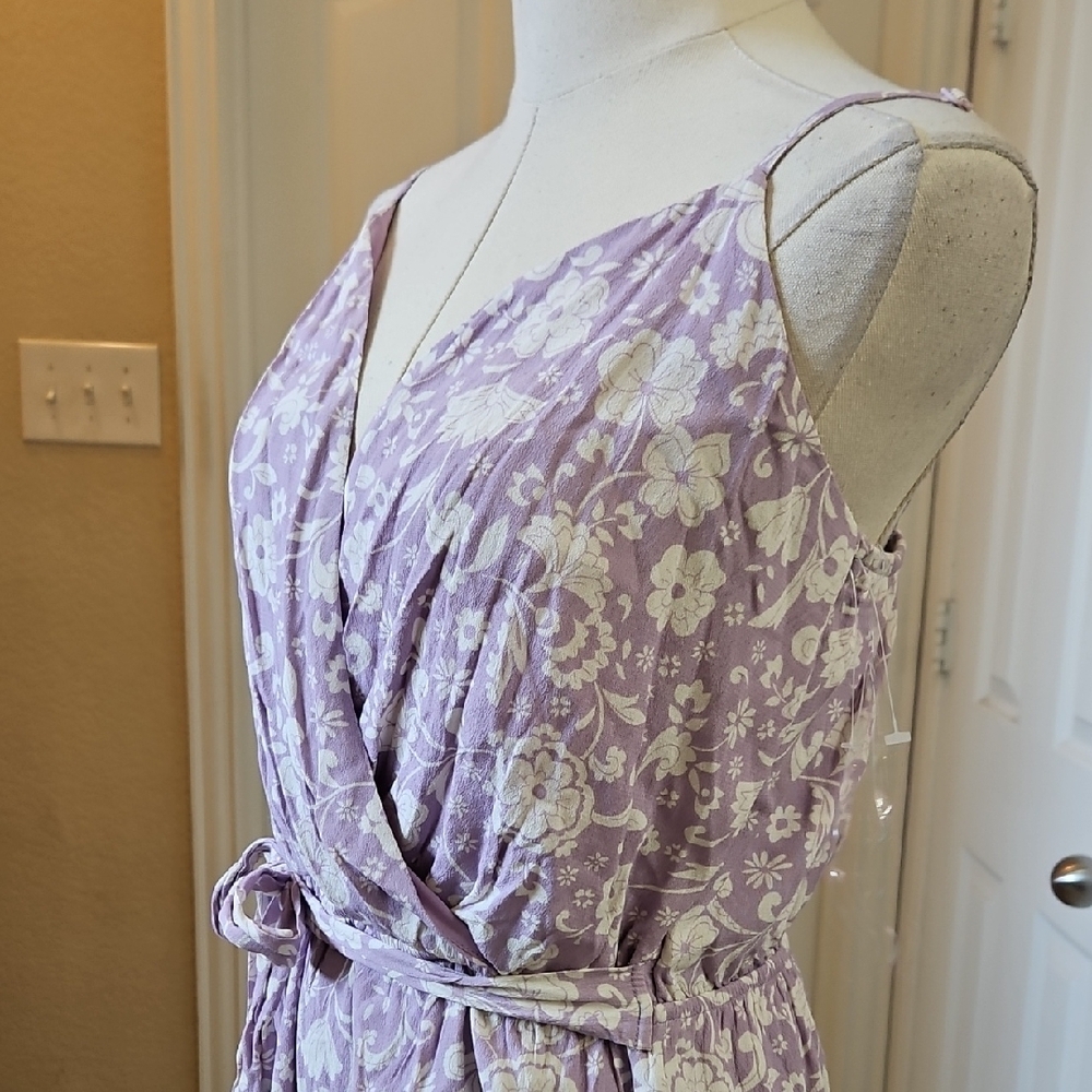 Crystal Doll Lilac and White Floral V Neck Spaghetti Strap Ruffle Hem Romper - Picture 4 of 9